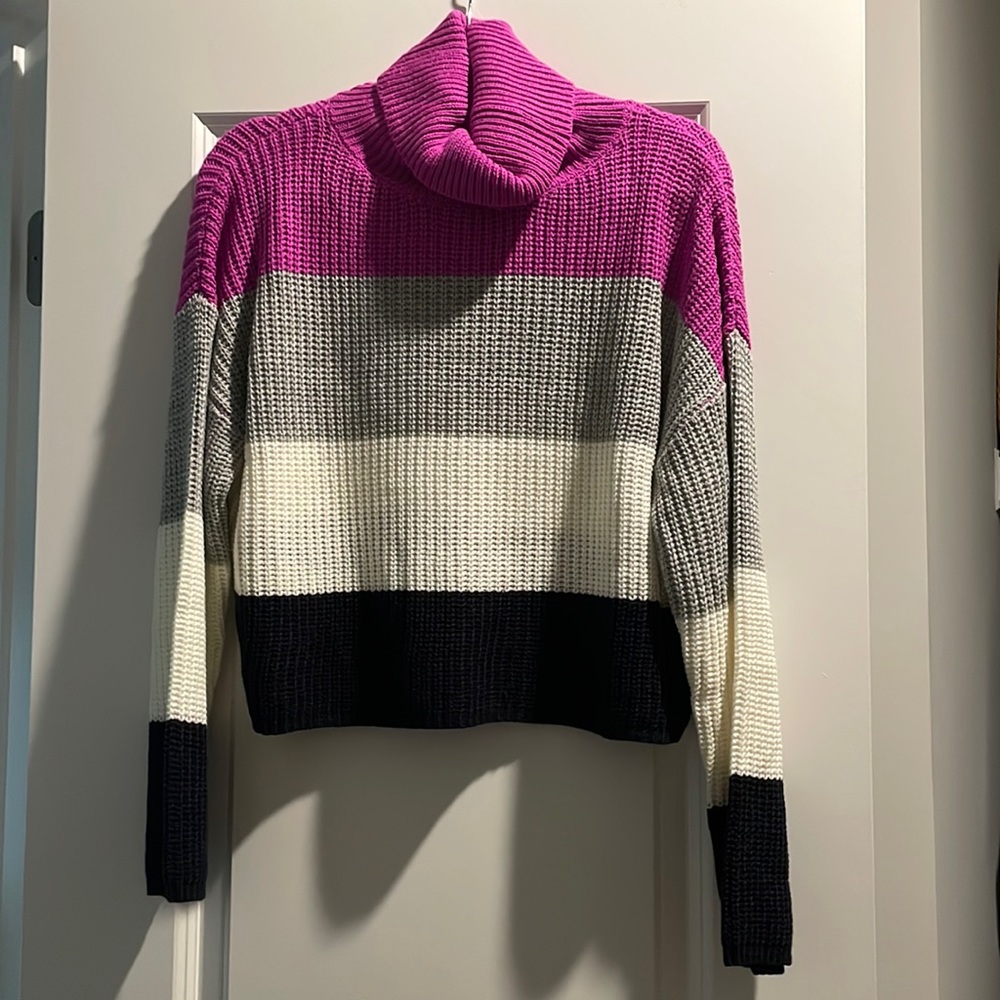 Six Fifty cropped turtle neck sweater. Fuchsia, gray, white, and navy stripes